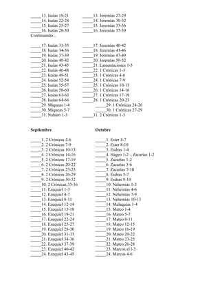 _____13. Isaías 19-21       _____13. Jeremías 27-29
_____14. Isaías 22-24       _____14. Jeremías 30-32
_____15. Isaías 25-27       _____15. Jeremías 33-36
_____16. Isaías 28-30       _____16. Jeremías 37-39
Continuando...

_____17. Isaías 31-33       _____17. Jeremías 40-42
_____18. Isaías 34-36       _____18. Jeremías 43-46
_____19. Isaías 37-39       _____19. Jeremías 47-49
_____20. Isaías 40-42       _____20. Jeremías 50-52
_____21. Isaías 43-45       _____21. Lamentaciones 1-5
_____22. Isaías 46-48       _____22. 1 Crónicas 1-3
_____23. Isaías 49-51       _____23. 1 Crónicas 4-6
_____24. Isaías 52-54       _____24. 1 Crónicas 7-9
_____25. Isaías 55-57       _____25. 1 Crónicas 10-13
_____26. Isaías 58-60       _____26. 1 Crónicas 14-16
_____27. Isaías 61-63       _____27. 1 Crónicas 17-19
_____28. Isaías 64-66       _____28. 1 Crónicas 20-23
_____29. Miqueas 1-4              _____29. 1 Crónicas 24-26
_____30. Miqueas 5-7              _____30. 1 Crónicas 27-29
_____31. Nahúm 1-3          _____31. 2 Crónicas 1-3


Septiembre                        Octubre

_____1. 2 Crónicas 4-6            _____1. Ester 4-7
_____2. 2 Crónicas 7-9            _____2. Ester 8-10
_____3. 2 Crónicas 10-13          _____3. Esdras 1-4
_____4. 2 Crónicas 14-16          _____4. Hageo 1-2 – Zacarías 1-2
_____5. 2 Crónicas 17-19          _____5. Zacarías 1-2
_____6. 2 Crónicas 20-22          _____6. Zacarías 3-6
_____7. 2 Crónicas 23-25          _____7. Zacarías 7-10
_____8. 2 Crónicas 26-29          _____8. Esdras 5-7
_____9. 2 Crónicas 30-32          _____9. Esdras 8-10
_____10. 2 Crónicas 33-36         _____10. Nehemías 1-3
_____11. Ezequiel 1-3             _____11. Nehemías 4-6
_____12. Ezequiel 4-7             _____12. Nehemías 7-9
_____13. Ezequiel 8-11            _____13. Nehemías 10-13
_____14. Ezequiel 12-14           _____14. Malaquías 1-4
_____15. Ezequiel 15-18           _____15. Mateo 1-4
_____16. Ezequiel 19-21           _____16. Mateo 5-7
_____17. Ezequiel 22-24           _____17. Mateo 8-11
_____18. Ezequiel 25-27           _____18. Mateo 12-15
_____19. Ezequiel 28-30           _____19. Mateo 16-19
_____20. Ezequiel 31-33           _____20. Mateo 20-22
_____21. Ezequiel 34-36           _____21. Mateo 23-25
_____22. Ezequiel 37-39           _____22. Mateo 26-28
_____23. Ezequiel 40-42           _____23. Marcos el l-3
_____24. Ezequiel 43-45           _____24. Marcos 4-6
 