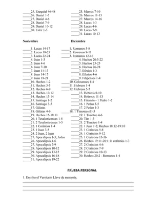_____25. Ezequiel 46-48            _____25. Marcos 7-10
_____26. Daniel 1-3                _____26. Marcos 11-13
_____27. Daniel 4-6                _____27. Marcos 14-16
_____28. Daniel 7-9                _____28. Lucas 1-3
_____29. Daniel 10-12              _____29. Lucas 4-6
_____30. Ester 1-3                 _____30. Lucas 7-9
                                   _____31. Lucas 10-13

Noviembre                          Diciembre

_____1. Lucas 14-17          _____1. Romanos 5-8
_____2. Lucas 18-21          _____2. Romanos 9-11
_____3. Lucas 22-24          _____3. Romanos 12-16
_____4. Juan 1-3                   _____4. Hechos 20:3-22
_____5. Juan 4-6                   _____5. Hechos 23-25
_____6. Juan 7-10                  _____6. Hechos 26-28
_____7. Juan 11-13                 _____7. Efesios 1-3
_____8. Juan 14-17                 _____8. Efesios 4-6
_____9. Juan 18-21                 _____9. Filipenses 1-4
_____10. Hechos 1-2          _____10. Colosenses 1-4
_____11. Hechos 3-5          _____11. Hebreos 1-4
_____12. Hechos 6-9          _____12. Hebreos 5-7
_____13. Hechos 10-12              _____13. Hebreos 8-10
_____14. Hechos 13-14              _____14. Hebreos 11-13
_____15. Santiago 1-2              _____15. Filemón - 1 Pedro 1-2
_____16. Santiago 3-5              _____16. 1 Pedro 3-5
_____17. Gálatas                   _____17. 2 Pedro 1-3
_____18. Gálatas 4-6         _____18. 1 Timoteo el l-3
_____19. Hechos 15-18:11           _____19. 1 Timoteo 4-6
_____20. 1 Tesalonicenses 1-5      _____20. Tito 1-3
_____21. 2 Tesalonicenses 1-3      _____21. 2 Timoteo 1-4
_____22. 1 Corintios 1-4           _____22. 1 Juan 1-2; Hechos 18:12-19:10
_____23. 1 Juan 3-5                _____23. 1 Corintios 5-8
_____24. 2 Juan, 2 Juan            _____24. 1 Corintios 9-12
_____25. Apocalipsis 1-3, Judas    _____25. 1 Corintios 13-16
_____26. Apocalipsis 4-6           _____26. Hechos 19:11-20:1; II corintios 1-3
_____27. Apocalipsis 7-9           _____27. 2 Corintios 4-6
_____28. Apocalipsis 10-12         _____28. 2 Corintios 7-9
_____29. Apocalipsis 13-15         _____29. 2 Corintios 10-13
_____30. Apocalipsis 16-18         _____30. Hechos 20:2 - Romanos 1-4
_____31. Apocalipsis 19-22


                                 PRUEBA PERSONAL

1. Escriba el Versículo Llave de memoria.
_____________________________________________________________________
_____________________________________________________________________
_____________________________________________________________________
 