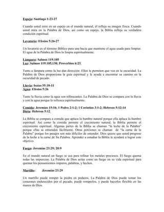 Espejo: Santiago 1:23-27

Cuando usted mira en un espejo en el mundo natural, él refleja su imagen física. Cuando
usted mira en la Palabra de Dios, así como un espejo, la Biblia refleja su verdadera
condición espiritual.

Lavatorio: Efesios 5:26-27

Un lavatorio es el término Bíblico para una bacía que mantiene el agua usada para limpiar.
El agua de la Palabra de Dios lo limpia espiritualmente.

Lámpara: Salmos 119:105
Luz: Salmos 119:105,130; Proverbios 6:23

Tanto a lámpara como la luz dan dirección. Ellos le permiten que vea en la oscuridad. La
Palabra de Dios proporciona la guía espiritual y le ayuda a encontrar su camino en la
oscuridad de pecado.

Lluvia: Isaías 55:10-11
Agua: Efesios 5:26

Tanto la lluvia como la agua son refrescantes. La Palabra de Dios se compara con la lluvia
y con la agua porque lo refresca espiritualmente.

Comida: Jeremías 15:16; 1 Pedro 2:1-2; 1 Corintios 3:1-2; Hebreos 5:12-14
Dieta: Hebreos 5:12

La Biblia se compara a comida que aplaca la hambre natural porque ella aplaca la hambre
espiritual. Así como la comida permite el crecimiento natural, la Biblia permite el
crecimiento espiritual. Algunas partes de la Biblia se chaman “la leche de la Palabra”
porque ellas se entienden fácilmente. Otras porciones se chaman de “la carne de la
Palabra” porque los pasajes son más difíciles de entender. Dios quiere que usted progrese
de la leche a la carne de Su Palabra. Aprender a estudiar la Biblia le ayudará a lograr este
objetivo.

Fuego: Jeremías 23:29; 20:9

En el mundo natural un fuego se usa para refinar los metales preciosos. El fuego quema
todas las impurezas. La Palabra de Dios actúa como un fuego en su vida espiritual para
quemar los pensamientos impuros, palabras, y hechos.

Martillo:     Jeremias 23:29

Un martillo puede romper la piedra en pedazos. La Palabra de Dios puede tomar los
corazones endurecidos por el pecado, puede romperlos, y puede hacerlos flexible en las
manos de Dios.
 