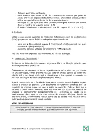-   Data em que iniciou a utilização
    -   Medicamentos que tratam o PS. Recomenda-se documentar por princípios
        ativos, em vez de especialidades farmacêuticas. Em sessões clínicas, pode-se
        utilizar as especialidades dentro da documentação interna.
    -   Posologia (Ex. Se o paciente toma um comprimido pela manhã e um à noite,
        deve-se registrar da seguinte forma 1-0-1)
    -   Grau de conhecimento e adesão (muito boa “M”, regular “R” ou pouca “P”).

3- Avaliação

Utiliza-se para anotar suspeitas de Problemas Relacionados com os Medicamentos
(PRM) que possam existir. Está formado pelas seguintes colunas:

    -   Inicia por N (Necessidade), depois, E (Efetividade) e S (Segurança), nas quais
        se anotará S (Sim) ou N (Não)
    -   A próxima coluna é utilizada para registrar o PRM suspeitado.

Isto será mais bem explicado posteriormente, na fase de avaliação.

4- Intervenção Farmacêutica :

Anotam-se as datas das intervenções, segundo o Plano de Atuação previsto, para
assim organizá-las e priorizá-las.

É conveniente, no momento de anotar os problemas de saúde, dispor os que possam
ter uma correlação, o mais próximo possível, cada um em sua coluna. Se existir uma
relação entre eles ficará mais fácil a visualização e isso ajudará a entender as
possíveis estratégias terapêuticas prescritas pelo médico.

A partir deste momento, o Estado de Situação é o documento mais importante para
estudar a evolução do paciente. É um documento absolutamente dinâmico, que vai
evoluindo ao mesmo tempo em que a saúde do paciente. Pode-se dizer que o
paciente a partir desse momento será representado por sucessivos estados de
situação. O aparecimento/ desaparecimento de         problemas de saúde ou de
medicamentos dará lugar a um novo estado de situação diferente. Diante de
alterações neste, é conveniente realizar outra fase de estudo. Vale ressaltar que a
maior parte da informação já estará coletada.

NOTAS ESCLARECEDORAS:

    Depois de realizar a fase de Estudo, pode ser aconselhável reescrever o estado de
       situação, para se entender melhor o que está acontecendo com o paciente.




Método Dáder. Manual de Acompanhamento Farmacoterapêutico                               20
 
