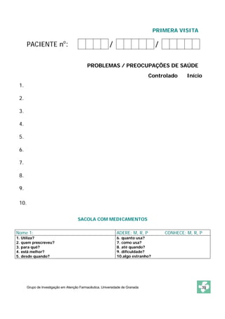 PRIMERA VISITA

       PACIENTE no:                                       /                        /

                                            PROBLEMAS / PREOCUPAÇÕES DE SAÚDE
                                                                                Controlado      Início
 1.

 2.

 3.

 4.

 5.

 6.

 7.

 8.

 9.

 10.


                                      SACOLA COM MEDICAMENTOS

Nome 1:                                                        ADERE: M, R, P          CONHECE: M, R, P
1. Utiliza?                                                    6. quanto usa?
2. quem prescreveu?                                            7. como usa?
3. para quê?                                                   8. até quando?
4. está melhor?                                                9. dificuldade?
5. desde quando?                                               10.algo estranho?




       Grupo de Investigação em Atenção Farmacêutica. Universidade de Granada                         39
 