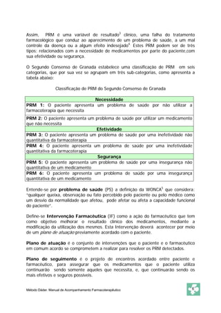 Assim, PRM é uma variável de resultado3 clínico, uma falha do tratamento
farmacológico que conduz ao aparecimento de um problema de saúde, a um mal
controle da doença ou a algum efeito indesejado4. Estes PRM podem ser de três
tipos: relacionados com a necessidade de medicamentos por parte do paciente,com
sua efetividade ou segurança.

O Segundo Consenso de Granada estabelece uma classificação de PRM em seis
categorias, que por sua vez se agrupam em três sub-categorias, como apresenta a
tabela abaixo:

                 Classificação de PRM do Segundo Consenso de Granada

                             Necessidade
PRM 1: O paciente apresenta um problema de saúde por não utilizar a
farmacoterapia que necessita
PRM 2: O paciente apresenta um problema de saúde por utilizar um medicamento
que não necessita
                               Efetividade
PRM 3: O paciente apresenta um problema de saúde por uma inefetividade não
quantitativa da farmacoterapia
PRM 4: O paciente apresenta um problema de saúde por uma inefetividade
quantitativa da farmacoterapia
                                Segurança
PRM 5: O paciente apresenta um problema de saúde por uma insegurança não
quantitativa de um medicamento
PRM 6: O paciente apresenta um problema de saúde por uma insegurança
quantitativa de um medicamento

Entende-se por problema de saúde (PS) a definição da WONCA5 que considera:
“qualquer queixa, observação ou fato percebido pelo paciente ou pelo médico como
um desvio da normalidade que afetou, pode afetar ou afeta a capacidade funcional
do paciente”.

Define-se Intervenção Farmacêutica (IF) como a ação do farmacêutico que tem
como objetivo melhorar o resultado clínico dos medicamentos, mediante a
modificação da utilização dos mesmos. Esta Intervenção deverá acontecer por meio
de um plano de atuação previamente acordado com o paciente.

Plano de atuação é o conjunto de intervenções que o paciente e o farmacêutico
em comum acordo se comprometem a realizar para resolver os PRM detectados.

Plano de seguimento é o projeto de encontros acordado entre paciente e
farmacêutico, para assegurar que os medicamentos que o paciente utiliza
continuarão sendo somente aqueles que necessita, e, que continuarão sendo os
mais efetivos e seguros possíveis.


Método Dáder. Manual de Acompanhamento Farmacoterapêutico                     6
 
