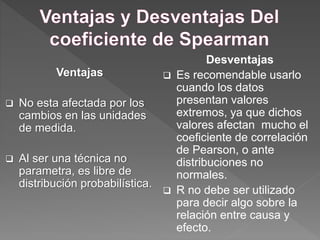 Ventajas
 No esta afectada por los
cambios en las unidades
de medida.
 Al ser una técnica no
parametra, es libre de
distribución probabilística.
Desventajas
 Es recomendable usarlo
cuando los datos
presentan valores
extremos, ya que dichos
valores afectan mucho el
coeficiente de correlación
de Pearson, o ante
distribuciones no
normales.
 R no debe ser utilizado
para decir algo sobre la
relación entre causa y
efecto.
 