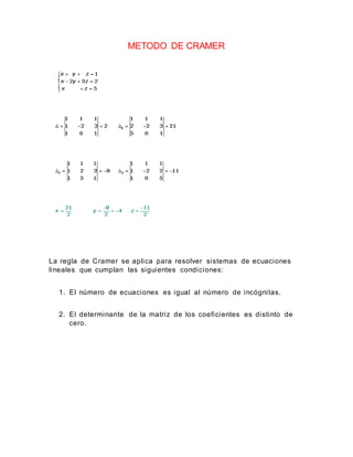 METODO DE CRAMER
La regla de Cramer se aplica para resolver sistemas de ecuaciones
lineales que cumplan las siguientes condiciones:
1. El número de ecuaciones es igual al número de incógnitas.
2. El determinante de la matriz de los coeficientes es distinto de
cero.
 