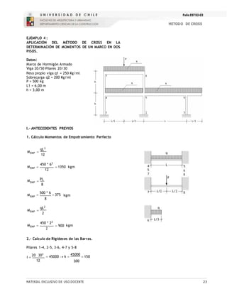 Folio EST02-03
METODO DE CROSS
MATERIAL EXCLUSIVO DE USO DOCENTE 23
EJEMPLO 4 :
APLICACIÓN DEL MÉTODO DE CROSS EN LA
DETERMINACIÓN DE MOMENTOS DE UN MARCO EN DOS
PISOS.
Datos:
Marco de Hormigón Armado
Viga 20/50 Pilares 20/30
Peso propio viga q1 = 250 Kg/ml
Sobrecarga q2 = 200 Kg/ml
P = 500 kg
L1 = 6,00 m
h = 3,00 m
I.- ANTECEDENTES PREVIOS
1. Cálculo Momentos de Empotramiento Perfecto
MEMP 

MEMP 
qL2
12
450 * 62
12
 1350 kgm
MEMP
MEMP

PL
8

500 * 6
 375
8
kgm
MEMP 

MEMP 
qL2
2
450 * 22
2
 900 kgm
2.- Calculo de Rigideces de las Barras.
Pilares 1-4, 2-5, 3-6, 4-7 y 5-8
I 
20 303
12
 45000  k 
45000
 150
300
 