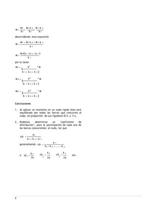 8
k
k
k
M 
M1

M1 k 2

M 1 k 3
k1 k1 k1
desarrollando esta expresión
M 
M1  M1 k 2  M 1 k 3
k 1
M 
M1k1  k 2  k 3 
k 1
por lo tanto
M1 

1
* M
k 1  k 2  k 3 

M 2 

2
* M
k1  k 2  k 3 

M3 

3
* M
k1  k 2  k 3 

Conclusiones
1. Al aplicar un momento en un nudo rígido éste será
equilibrado por todas las barras que concurren al
nudo, en proporción de sus rigideces EI/L o 1/L.
2. Podemos determinar un "coeficiente de
distribución", para la participación de cada una de
las barras concurrentes al nudo, tal que
cd1 
k1
k1  k 2  k 3
generalizando cd1 

k1  k 2
k 1
 ...  k n
ó cd 
k 1
1
k
cd 
k2
2
k
cd 
k 3
3
k
etc.
 