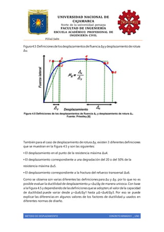 UNIVERSIDAD NACIONAL DE
CAJAMARCA
Norte de la universidad peruana
FACULTAD DE INGENIERÍA
ESCUELA ACADÉMICO PROFESIONAL DE
INGENIERÍA CIVIL
Filial Jaén
METODO DE DESPLAZAMIENTO CONCRETO ARMADO I _ UNC
Figura 4.5 Definicionesdelosdesplazamientosdefluencia Δyydesplazamientoderotura
Δu.
También para el caso de desplazamiento de rotura Δy, existen 3 diferentes definiciones
que se muestran en la Figura 4.5 y son las siguientes:
▪ El desplazamiento en el punto de la resistencia máxima Δu4.
▪ El desplazamiento correspondiente a una degradación del 20 o del 50% de la
resistencia máxima Δu5.
▪ El desplazamiento correspondiente a la fractura del refuerzo transversal Δu6.
Como se observa son varias diferentes las definiciones para Δu y Δy, por lo que no es
posible evaluar la ductilidad de desplazamiento µ=Δu/Δy de manera univoca. Con base
a la Figura 4.5 y dependiendodelasdefinicionesquese adopten,el valordela capacidad
de ductilidad puede variar desde µ=Δu6/Δy1 hasta µΔ=Δu4/Δy3. Por eso se puede
explicar las diferencias en algunos valores de los factores de ductilidad µ usados en
diferentes normas de diseño.
 