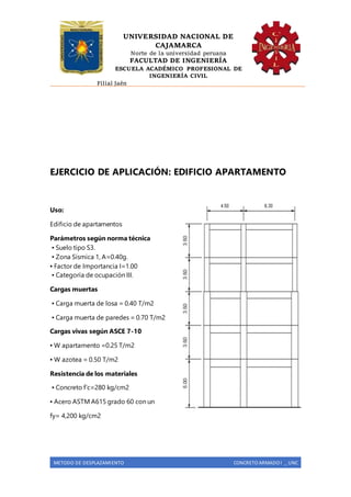 UNIVERSIDAD NACIONAL DE
CAJAMARCA
Norte de la universidad peruana
FACULTAD DE INGENIERÍA
ESCUELA ACADÉMICO PROFESIONAL DE
INGENIERÍA CIVIL
Filial Jaén
METODO DE DESPLAZAMIENTO CONCRETO ARMADO I _ UNC
EJERCICIO DE APLICACIÓN: EDIFICIO APARTAMENTO
Uso:
Edificio de apartamentos
Parámetros según norma técnica
▪ Suelo tipo S3.
▪ Zona Sísmica 1, A=0.40g.
▪ Factor de Importancia I=1.00
▪ Categoría de ocupación III.
Cargas muertas
▪ Carga muerta de losa = 0.40 T/m2
▪ Carga muerta de paredes = 0.70 T/m2
Cargas vivas según ASCE 7-10
▪ W apartamento =0.25 T/m2
▪ W azotea = 0.50 T/m2
Resistencia de los materiales
▪ Concreto f’c=280 kg/cm2
▪ Acero ASTM A615 grado 60 con un
fy= 4,200 kg/cm2
 