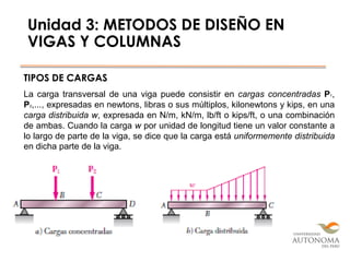 Unidad 3: METODOS DE DISEÑO EN
VIGAS Y COLUMNAS
TIPOS DE CARGAS
La carga transversal de una viga puede consistir en cargas concentradas P1,
P2,..., expresadas en newtons, libras o sus múltiplos, kilonewtons y kips, en una
carga distribuida w, expresada en N/m, kN/m, lb/ft o kips/ft, o una combinación
de ambas. Cuando la carga w por unidad de longitud tiene un valor constante a
lo largo de parte de la viga, se dice que la carga está uniformemente distribuida
en dicha parte de la viga.
 
