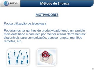 12
MOTIVADORES
Método de Entrega
Pouca utilização de tecnologia
Poderíamos ter ganhos de produtividade tendo um projeto
mais detalhado e com isto por melhor utilizar “ferramentas”
disponíveis para comunicação, acesso remoto, reuniões
remotas, etc.
 