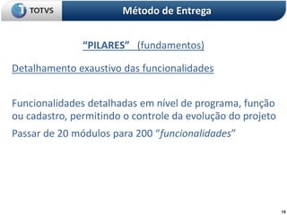 15
“PILARES” (fundamentos)
Método de Entrega
Detalhamento exaustivo das funcionalidades
Funcionalidades detalhadas em nível de programa, função
ou cadastro, permitindo o controle da evolução do projeto
Passar de 20 módulos para 200 “funcionalidades”
 