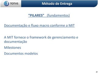 21
“PILARES” (fundamentos)
Método de Entrega
Documentação e fluxo macro conforme a MIT
A MIT fornece o framework de gerenciamento e
documentação
Milestones
Documentos modelos
 
