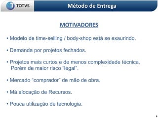 6
MOTIVADORES
Método de Entrega
• Modelo de time-selling / body-shop está se exaurindo.
• Demanda por projetos fechados.
• Projetos mais curtos e de menos complexidade técnica.
Porém de maior risco “legal”.
• Mercado “comprador” de mão de obra.
• Má alocação de Recursos.
• Pouca utilização de tecnologia.
 
