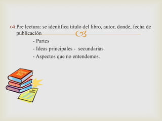 Pre lectura: se identifica titulo del libro, autor, donde, fecha de publicación                  - Partes                 - Ideas principales -  secundarias                 - Aspectos que no entendemos.