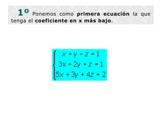 1º   Ponemos como  primera ecuación  la que tenga el  coeficiente en x más bajo . 