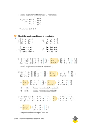 Sistema compatible indeterminado. Lo resolvemos:

                                           t=0
           x – y + 3z – 14t = 0           
                                           z=0
                 –3z + 29t = 0             x=y
                                          
                        28t = 0            y=λ
                                          

           Soluciones: (λ, λ, 0, 0)



14    Discute los siguientes sistemas de ecuaciones:
 S        x–y– z=k                                     x+ y– z=0
                                                      
      a)  x – y + 2z = 1                           b)  x + 3y + z = 0
          2x + y + kz = 0                              3x + ay + 4z = 0
                                                      

          x – 2y + z = 1                               3x + 2y + az = 1
                                                      
      c)  mx + y – z = 1                           d)  5x + 3y + 3z = 2
          3x + 4y – 2z = –3                            x+ y– z=1
                                                      



      a) x – y – z = k
         x – y + 2z = 1
        2x + y + kz = 0
                                 
                                 
                                 
                                 
                                 
                                      (   1 –1 –1
                                          1 –1 2
                                          2 1 k
                                                           k
                                                           1
                                                           0
                                                                   )   →
                                                                                 1-
                                                                                  ª
                                                                                 2- – 1-
                                                                                  ª    ª
                                                                                 3- – 2 · 1-
                                                                                  ª        ª               (   1 –1 –1
                                                                                                               0 0  3
                                                                                                               0 3 k+2
                                                                                                                                  k
                                                                                                                                 1–k
                                                                                                                                 –2k
                                                                                                                                          )
           Sistema compatible determinado para todo k.


      b) x + y – z = 0 
         x + 3y + z = 0 
                         
        3x + ay + 4z = 0 
                         
                                      (   1 1 –1
                                          1 3 1
                                          3 a 4
                                                           0
                                                           0
                                                           0
                                                               )       →
                                                                                1-
                                                                                 ª
                                                                                2- – 1-
                                                                                 ª    ª
                                                                                3- – 3 · 1-
                                                                                 ª        ª            (   1 1
                                                                                                           0 2
                                                                                                                 –1

                                                                                                           0 a–3 7
                                                                                                                  2
                                                                                                                             0
                                                                                                                             0
                                                                                                                             0
                                                                                                                                 )   →




           →
               1-
                ª
               2- : 2
                ª
               3-
                ª            (   1 1
                                 0 1
                                       –1
                                       1
                                 0 a–3 7
                                                   0
                                                   0
                                                   0
                                                       )   →
                                                                        1-
                                                                         ª
                                                                        2-
                                                                         ª
                                                                        3- – 7 · 2-
                                                                         ª        ª            (   1
                                                                                                   0
                                                                                                       1
                                                                                                       1
                                                                                                            –1

                                                                                                   0 a – 10 0
                                                                                                             1
                                                                                                                         0
                                                                                                                         0
                                                                                                                         0
                                                                                                                             )
           • Si a = 10 → Sistema compatible indeterminado
           • Si a ≠ 10 → Sistema compatible determinado


      c)    x – 2y + z = 1 
           mx + y – z = 1 
                             
           3x + 4y – 2z = –3 
                             
                                          (   1 –2 1
                                              m 1 –1
                                              3 4 –2
                                                                    1
                                                                    1
                                                                   –3
                                                                            )   →
                                                                                      1-
                                                                                       ª
                                                                                      3-
                                                                                       ª
                                                                                      2-
                                                                                       ª           (   1 –2 1
                                                                                                       3 4 –2
                                                                                                       m 1 –1
                                                                                                                       1
                                                                                                                      –3
                                                                                                                       1
                                                                                                                             )   →




           →
               1-
                ª
               2- + 2 · 1-
                ª
               3- + 1-
                ª    ª
                         ª
                                  (     1
                                        5
                                            –2 1
                                             0 0
                                      m + 1 –1 0
                                                                    1
                                                                   –1
                                                                    2
                                                                        )
           Compatible determinado para todo m.


Unidad 1. Sistemas de ecuaciones. Método de Gauss                                                                                    23
 