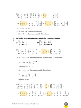 d) 3x + 2y + az = 1
         5x + 3y + 3z = 2
          x+ y– z=1
                              
                              
                              
                              
                              
                                   (   3 2 a
                                       5 3 3
                                       1 1 –1
                                                 1
                                                 2
                                                 1
                                                     )    →
                                                                    3ª
                                                                    2-
                                                                     ª
                                                                    1-
                                                                     ª           (   1 1 –1
                                                                                     5 3 3
                                                                                     3 2 a
                                                                                                       1
                                                                                                       2
                                                                                                       1
                                                                                                           )   →




         →
              1-
               ª
              2- – 5 · 1-
               ª        ª
              3- – 3 · 1-
               ª        ª     (   1 1
                                  0 –2
                                        –1
                                         8
                                  0 –1 a + 3
                                                          1
                                                         –3
                                                         –2
                                                              )    →
                                                                          1-
                                                                           ª
                                                                          2-
                                                                           ª
                                                                          –2 · 3- + 2-
                                                                                ª    ª            (   1 1
                                                                                                      0 –2
                                                                                                            –1
                                                                                                             8
                                                                                                      0 0 2 – 2a
                                                                                                                                1
                                                                                                                               –3
                                                                                                                                1
                                                                                                                                    )
         2 – 2a = 0 → a = 1
         • Si a = 1 → Sistema incompatible
         • Si a ≠ 1 → Sistema compatible determinado

15    Discute los siguientes sistemas y resuélvelos cuando sea posible:
 S        2x – y = 4                                2x + y – z = 1
                                                   
      a)  –x + y/2 = –2                         b)  x – 2y + z = 3
          x + ky = 2                                5x – 5y + 2z = m
                                                   


      a) 2x – y = 4 

          x + ky = 2 
                       
         –x + y/2 = –2 
                       
                             (     2 –1
                                  –1 1/2
                                  1 k
                                             4
                                            –2
                                             2
                                                 )   →
                                                                  1ª
                                                                  2 · 2- + 1-
                                                                       ª    ª
                                                                  2 · 3- – 1-
                                                                       ª    ª             (   2
                                                                                              0
                                                                                                  –1
                                                                                                   0
                                                                                              0 2k + 1
                                                                                                               4
                                                                                                               0
                                                                                                               0
                                                                                                                   )
                        1
         • Si k = –         → Sistema compatible indeterminado. Lo resolvemos:
                        2
                                   y = 2x – 4
           2x – y = 4 →           
                                  x = λ
           Soluciones: (λ, 2λ – 4)
                        1
         • Si k ≠ –         → Sistema compatible determinado.
                        2

           2x –           y=4  y=0
                                
                  (2k + 1)y = 0  x = 2

           Solución: (2, 0)


      b) 2x + y – z = 1 
          x – 2y + z = 3 
                          
         5x – 5y + 2z = m 
                          
                                   (   2 1 –1
                                       1 –2 1
                                       5 –5 2
                                                         1
                                                         3
                                                         m
                                                              )     →
                                                                          2ª
                                                                          1-
                                                                           ª
                                                                          3-
                                                                           ª              (   1 –2 1
                                                                                              2 1 –1
                                                                                              5 –5 2
                                                                                                               3
                                                                                                               1
                                                                                                               m
                                                                                                                       )   →




         →
              1-
               ª
              2- – 2 · 1-
               ª
               ª
                        ª
              3- – 5 · 1-
                        ª     (   1 –2 1
                                  0 5 –3
                                  0 5 –3
                                                    3
                                                   –5
                                                  m – 15
                                                                    )    →
                                                                                1-
                                                                                 ª
                                                                                2-
                                                                                 ª
                                                                                3- – 2-
                                                                                 ª    ª          (   1 –2 1
                                                                                                     0 5 –3
                                                                                                     0 0 0
                                                                                                                             3
                                                                                                                            –5
                                                                                                                           m – 10
                                                                                                                                        )
Unidad 1. Sistemas de ecuaciones. Método de Gauss                                                                              24
 