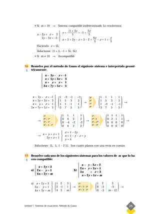 • Si m = 10 → Sistema compatible indeterminado. Lo resolvemos:
                                    –5 + 3z
                               y = ——— = –1 + —     3z
             x – 2y + z = 3            5             5
                              
                 5y – 3z = –5                           6z          z
                               x = 3 + 2y – z = 3 – 2 + — – z = 1 + —
                                                          5          5
             Haciendo z = 5λ.
             Soluciones: (1 + λ, –1 + 3λ, 5λ)
         • Si m ≠ 10 → Incompatible


16    Resuelve por el método de Gauss el siguiente sistema e interprétalo geomé-
 S    tricamente:
                  x – 3y – z = –1
                 
                  x + 5y + 3z = 3
                  x+ y+ z= 1
                 
                  3x + 7y + 5z = 5
                 




                                     (                          )                          (                          )
       x–    3y – z    =   –1           1 –3 –1           –1                                  1 1 1              1
                                                                           3-
                                                                             ª
       x+    5y + 3z   =    3           1 5 3              3               2-
                                                                             ª                 1 5 3              3
                                                                   →                                                     →
       x+     y+ z     =    1           1 1 1              1               1-
                                                                             ª                 1 –3 –1           –1
      3x +   7y + 5z   =    5           3 7 5              5               4-
                                                                             ª                 3 7 5             5
                                



                                         (                          )                            (                        )
                  1-
                   ª                         1 1 1           1                   1-
                                                                                  ª                  1   1   1        1
                  2- – 1ª
                   ª                         0 4 2           2                   2- : 2
                                                                                  ª                  0   2   1        1
             →    3- – 1ª
                   ª
                                                                        →        3- + 2ª
                                                                                  ª
                                                                                                                              →
                                             0 –4 –2        –2                                       0   0   0        0
                  4- – 3 · 1ª
                   ª                         0 4 2           2                   4- – 2ª
                                                                                  ª                  0   0   0        0

                                z = 1 – 2y
                  x+ y+z=1 
             →                  x=1–y–z=y
                    2y + z = 1 
                                y=λ
         Soluciones: (λ, λ, 1 – 2 λ). Son cuatro planos con una recta en común.


17    Resuelve cada uno de los siguientes sistemas para los valores de m que lo ha-
 S    cen compatible:
                                                           x – y – 2z = 2
          x + 2y = 3                                     
                                                          2x + y + 3z = 1
      a)  2x – y = 1                                  b) 
          4x + 3y = m                                     3x     + z=3
                                                          x + 2y + 5z = m
                                                          

      a) x + 2y = 3 
        2x – y = 1 
                    
        4x + 3y = m 
                    
                                (   1 2
                                    2 –1
                                    4 3
                                               3
                                               1
                                               m
                                                   )   →
                                                           1-
                                                            ª
                                                           2- – 2 · 1-
                                                            ª        ª
                                                           3- – 4 · 1-
                                                            ª        ª               (   1 2
                                                                                         0 –5
                                                                                         0 –5
                                                                                                       3
                                                                                                      –5
                                                                                                     m – 12
                                                                                                                 )    →




Unidad 1. Sistemas de ecuaciones. Método de Gauss                                                                                 25
 