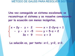 MÉTODO DE GAUSS PARA RESOLVER SISTEMAS
Una vez conseguido un sistema escalonado se
reconstruye el sistema y se resuelve comenzando
por la ecuación con menos incógnitas.
x + 2y - z = 2 x = 2-2y+z = 1
- y - z = -5 y = 5-z = 2
3z = 9 z = 3
La solución es, por tanto: x=1, y=2, z=3.
 