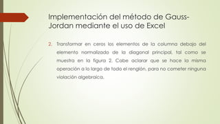 Implementación del método de Gauss-
Jordan mediante el uso de Excel
2. Transformar en ceros los elementos de la columna debajo del
elemento normalizado de la diagonal principal, tal como se
muestra en la figura 2. Cabe aclarar que se hace la misma
operación a lo largo de todo el renglón, para no cometer ninguna
violación algebraica.
 