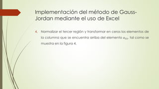 Implementación del método de Gauss-
Jordan mediante el uso de Excel
4. Normalizar el tercer reglón y transformar en ceros los elementos de
la columna que se encuentra arriba del elemento 𝑎33, tal como se
muestra en la figura 4.
 