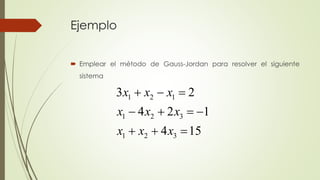 Ejemplo
 Emplear el método de Gauss-Jordan para resolver el siguiente
sistema
1 2 1
1 2 3
1 2 3
3 2
4 2 1
4 15
x x x
x x x
x x x
  
   
  
 