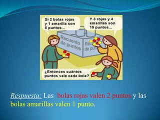 Respuesta:Las  bolas rojas valen 2 puntos y las bolas amarillas valen 1 punto.