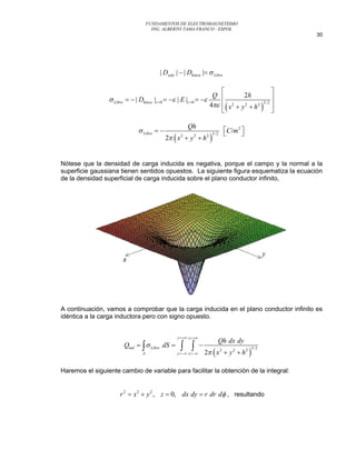 FUNDAMENTOS DE ELECTROMAGNETISMO
                                      ING. ALBERTO TAMA FRANCO - ESPOL
                                                                                                       30




                                         | Dsale |  | Dhinca |  Libre

                                                                                                  
                                                                      Q            2h             
                  Libre   | Dhinca |z 0   | E |z 0  
                                                                     4   x 2  y 2  h 2 3/ 2 
                                                                                                  

                                                       Qh
                               Libre                                       C /m 2 
                                                                                     
                                            2  x  y  h
                                                   2     2
                                                                     
                                                                    2 3/ 2




Nótese que la densidad de carga inducida es negativa, porque el campo y la normal a la
superficie gaussiana tienen sentidos opuestos. La siguiente figura esquematiza la ecuación
de la densidad superficial de carga inducida sobre el plano conductor infinito,




A continuación, vamos a comprobar que la carga inducida en el plano conductor infinito es
idéntica a la carga inductora pero con signo opuesto.


                                                 y  x 
                                                                         Qh dx dy
                        Qind    Libre dS                 
                                                                   2  x 2  y 2  h 2 
                                                                                            3/ 2
                                A                y  x 



Haremos el siguiente cambio de variable para facilitar la obtención de la integral:


                      r 2  x 2  y 2 , z  0, dx dy  r dr d , resultando
 