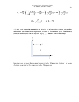 FUNDAMENTOS DE ELECTROMAGNETISMO
                                               ING. ALBERTO TAMA FRANCO - ESPOL
                                                                                                                                                         31

                    y  2 r                                                   r                                    r 
               Qh                   r dr d                  Qh                                    r dr                                    r dr
     Qind                                                  2                                             Qh    
               2                  r             
                                                 2 3/ 2      2                           r              
                                                                                                        2 3/ 2
                                                                                                                                  r        h2 
                                                                                                                                                  3/ 2
                     0   r 0
                                        2
                                            h                                     r 0
                                                                                               2
                                                                                                   h                     r 0
                                                                                                                                       2




                                                              Qh           r 
                                            Qind                      |   r 0
                                                                                   Q          l.q.q.d .
                                                          r 2  h2



2.4 Una carga puntual Q se localiza en el punto  a, 0, b  entre dos planos conductores
semiinfinitos que intersecan en ángulo recto, tal como se muestra en la figura. Determine el
potencial eléctrico producido en el punto M  x, y, z  y la fuerza que actúa sobre Q .

                                             z


                                                          a            Q



                                                                   b


                                                                                                              x


Los diagramas correspondientes para la determinación del potencial eléctrico y la fuerza
eléctrica, se aprecian en los esquemas  a  y  b  siguientes.
 