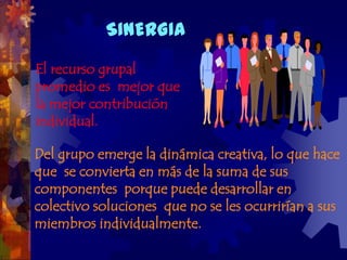 SINERGIA
El recurso grupal
promedio es mejor que
la mejor contribución
individual.

Del grupo emerge la dinámica creativa, lo que hace
que se convierta en más de la suma de sus
componentes porque puede desarrollar en
colectivo soluciones que no se les ocurrirían a sus
miembros individualmente.
 
