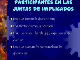 Participantes en las
 Juntas de Implicados
 Los   que toman la decisión final

 Los   afectados con la decisión

 Los   que poseen habilidad y experiencia del
 asunto.

 Los   que puedan frenar o acelerar las
 decisiones.
 