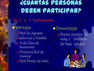 ¿cuántas personas
     deben participar?
De 2 a 7 Participantes
 Ventajas                   Desventajas
   Fácil de Agrupar
                               Pocos  puntos de
   Informal y Flexible
                                vista / Decisión
   Toda Clase de               de baja calidad
    Reuniones
   Dinámica fácil de
    manejar
   Fácil Diseño de roles
 