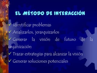 EL MÉTODO DE INTERACCIÓN

 Identificar problemas
 Analizarlos, jerarquizarlos
 Generar      la   visión   de   futuro   de   la
organización
 Trazar estrategias para alcanzar la visión
 Generar soluciones potenciales
 