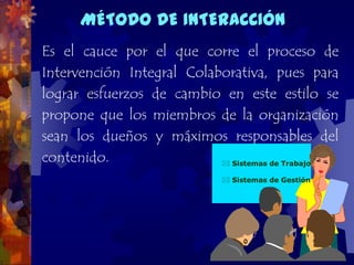 MÉTODO DE INTERACCIÓN
Es el cauce por el que corre el proceso de
Intervención Integral Colaborativa, pues para
lograr esfuerzos de cambio en este estilo se
propone que los miembros de la organización
sean los dueños y máximos responsables del
contenido.                  Sistemas de Trabajo

                              Sistemas de Gestión
 