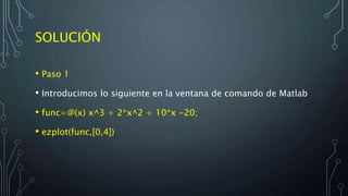 SOLUCIÓN
• Paso 1
• Introducimos lo siguiente en la ventana de comando de Matlab
• func=@(x) x^3 + 2*x^2 + 10*x -20;
• ezplot(func,[0,4])
 