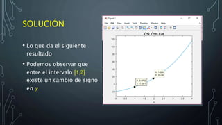 SOLUCIÓN
• Lo que da el siguiente
resultado
• Podemos observar que
entre el intervalo [1,2]
existe un cambio de signo
en 𝑦
 