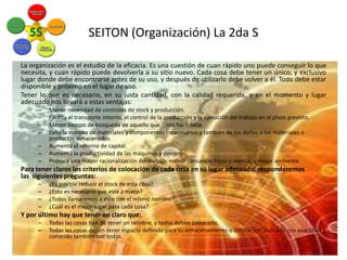 SEITON (Organización) La 2da S
La organización es el estudio de la eficacia. Es una cuestión de cuan rápido uno puede conseguir lo que
necesita, y cuan rápido puede devolverla a su sitio nuevo. Cada cosa debe tener un único, y exclusivo
lugar donde debe encontrarse antes de su uso, y después de utilizarlo debe volver a él. Todo debe estar
disponible y próximo en el lugar de uso.
Tener lo que es necesario, en su justa cantidad, con la calidad requerida, y en el momento y lugar
adecuado nos llevará a estas ventajas:
–
–
–
–
–
–
–

Menor necesidad de controles de stock y producción.
Facilita el transporte interno, el control de la producción y la ejecución del trabajo en el plazo previsto.
Menor tiempo de búsqueda de aquello que nos hace falta.
Evita la compra de materiales y componentes innecesarios y también de los daños a los materiales o
productos almacenados.
Aumenta el retorno de capital.
Aumenta la productividad de las máquinas y personas.
Provoca una mayor racionalización del trabajo, menor cansancio físico y mental, y mejor ambiente.

Para tener claros los criterios de colocación de cada cosa en su lugar adecuado, responderemos
las siguientes preguntas:
–
–
–
–

¿Es posible reducir el stock de esta cosa?
¿Esto es necesario que esté a mano?
¿Todos llamaremos a esto con el mismo nombre?
¿Cuál es el mejor lugar para cada cosa?

Y por último hay que tener en claro que:
–
–

Todas las cosas han de tener un nombre, y todos deben conocerlo.
Todas las cosas deben tener espacio definido para su almacenamiento o colocación, indicado con exactitud y
conocido también por todos.

 