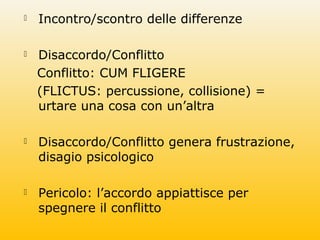  Incontro/scontro delle differenze
 Disaccordo/Conflitto
Conflitto: CUM FLIGERE
(FLICTUS: percussione, collisione) =
urtare una cosa con un’altra
 Disaccordo/Conflitto genera frustrazione,
disagio psicologico
 Pericolo: l’accordo appiattisce per
spegnere il conflitto
 