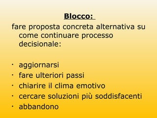 Blocco:
fare proposta concreta alternativa su
come continuare processo
decisionale:
• aggiornarsi
• fare ulteriori passi
• chiarire il clima emotivo
• cercare soluzioni più soddisfacenti
• abbandono
 