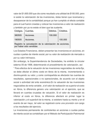 valor de $1.600.000 que dio como resultado una utilidad de $100.000, pero
si existe la valorización de las inversiones, éstas tienen que reversarse y
desaparecer de la contabilidad porque ya han cumplido el efecto contable
para el cual fueron creadas y colocar las inversiones a valor de realización
y también por ya no existe el bien que las sustente.
Códigos. Cuentas. Débitos. Créditos.
380505 Acciones. 100.000
190505 Acciones. 100.000
Registro la cancelación de la valorización de acciones,
por haber sido vendidas
Los Estados Financieros, deben presentar las inversiones en acciones, en
cuotas o partes de interés social, por su valor de realización de mercado o
por su valor intrínseco.
Sin embargo, la Superintendencia de Sociedades, ha emitido la circular
externa 05 de 1998, determinando el procedimiento de valorización, así:
” Para efectos de la valuación de las inversiones negociables de renta fija,
se debe afectar el último costo en libros de la misma, incrementando o
disminuyendo su valor, y como contrapartida se afectarán las cuentas de
resultados, operacionales o no operacionales, de acuerdo con el objeto
social o actividad del ente económico.En la valuación de las inversiones
negociables de renta variable , si el valor de realización es superior al costo
en libros, la diferencia genera una valorización en el ejercicio, que se
llevará en cuentas cruzadas de valuación. Si el valor de realización es
inferior al costo en libros, la diferencia afectará en primer lugar la
valorización y el superávit de la misma, si existiere hasta su monto y en el
evento de ser mayo, tal valor se registrará como una provisión con cargo
a los resultados del ejercicio.
La inversiones permanente de controlantes en acciones o cuotas partes
de interés social se contabilizan por el Método de Participación Patrimonial
 