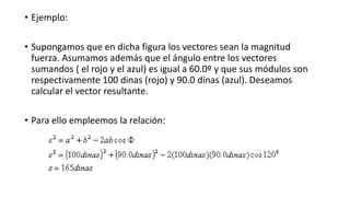 • Ejemplo:
• Supongamos que en dicha figura los vectores sean la magnitud
fuerza. Asumamos además que el ángulo entre los vectores
sumandos ( el rojo y el azul) es igual a 60.0º y que sus módulos son
respectivamente 100 dinas (rojo) y 90.0 dinas (azul). Deseamos
calcular el vector resultante.
• Para ello empleemos la relación:

 
