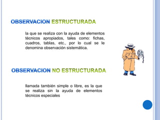 la que se realiza con la ayuda de elementos
técnicos apropiados, tales como: fichas,
cuadros, tablas, etc., por lo cual se le
denomina observación sistemática.




llamada también simple o libre, es la que
se realiza sin la ayuda de elementos
técnicos especiales
 