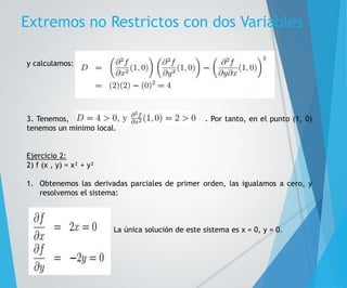 Extremos no Restrictos con dos Variables 
y calculamos: 
3. Tenemos, . Por tanto, en el punto (1, 0) 
tenemos un mínimo local. 
Ejercicio 2: 
2) f (x , y) = x² + y² 
1. Obtenemos las derivadas parciales de primer orden, las igualamos a cero, y 
resolvemos el sistema: 
La única solución de este sistema es x = 0, y = 0. 
 