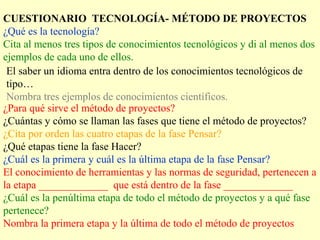 CUESTIONARIO TECNOLOGÍA- MÉTODO DE PROYECTOS 
¿Qué es la tecnología? 
Cita al menos tres tipos de conocimientos tecnológicos y di al menos dos 
ejemplos de cada uno de ellos. 
El saber un idioma entra dentro de los conocimientos tecnológicos de 
tipo… 
Nombra tres ejemplos de conocimientos científicos. 
¿Para qué sirve el método de proyectos? 
¿Cuántas y cómo se llaman las fases que tiene el método de proyectos? 
¿Cita por orden las cuatro etapas de la fase Pensar? 
¿Qué etapas tiene la fase Hacer? 
¿Cuál es la primera y cuál es la última etapa de la fase Pensar? 
El conocimiento de herramientas y las normas de seguridad, pertenecen a 
la etapa _____________ que está dentro de la fase _____________ 
¿Cuál es la penúltima etapa de todo el método de proyectos y a qué fase 
pertenece? 
Nombra la primera etapa y la última de todo el método de proyectos 
