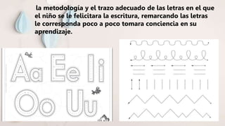 la metodología y el trazo adecuado de las letras en el que
el niño se le felicitara la escritura, remarcando las letras
le corresponda poco a poco tomara conciencia en su
aprendizaje.
 