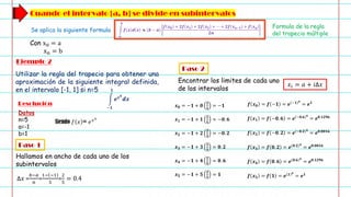Cuando el intervalo [a, b] se divide en subintervalos
Se aplica la siguiente formula න
𝒂
𝒃
𝒇 𝒙 𝒅 𝒙 ≈ 𝒃 − 𝒂
𝒇 𝒙𝟎 + 𝟐𝒇 𝒙𝟏 + 𝟐𝒇 𝒙𝟐 + ⋯ + 𝟐𝒇 𝒙𝒏−𝟏 + 𝒇 𝒙𝒏
𝟐𝒏
Formula de la regla
del trapecio múltiple
Ejemplo 2
Utilizar la regla del trapecio para obtener una
aproximación de la siguiente integral definida,
en el intervalo [-1, 1] si n=5
Con x0 = a
xn = b
න
−𝟏
𝟏
𝒆𝒙𝟒
𝒅𝒙
Datos
n=5
a=-1
b=1
Paso 1
Hallamos en ancho de cada uno de los
subintervalos
Siendo 𝑓 𝑥 = 𝑒𝑥4
Δ𝑥 =
𝑏−𝑎
𝑛
=
1− −1
5
=
2
5
= 0.4
Encontrar los limites de cada uno
de los intervalos
𝑥𝑖 = 𝑎 + 𝑖Δ𝑥
𝒙𝟎 = −𝟏 + 𝟎
𝟐
𝟓
= −𝟏
𝒙𝟏 = −𝟏 + 𝟏
𝟐
𝟓
= −𝟎. 𝟔
𝒙𝟐 = −𝟏 + 𝟐
𝟐
𝟓
= −𝟎. 𝟐
𝒙𝟑 = −𝟏 + 𝟑
𝟐
𝟓
= 𝟎. 𝟐
𝒙𝟒 = −𝟏 + 𝟒
𝟐
𝟓
= 𝟎. 𝟔
𝒙𝟓 = −𝟏 + 𝟓
𝟐
𝟓
= 𝟏
𝒇 𝒙𝟎 = 𝒇 −𝟏 = 𝒆 −𝟏 𝟒
= 𝒆𝟏
𝒇 𝒙𝟏 = 𝒇 −𝟎. 𝟔 = 𝒆 −𝟎.𝟔 𝟒
= 𝒆𝟎.𝟏𝟐𝟗𝟔
𝒇 𝒙𝟐 = 𝒇 −𝟎. 𝟐 = 𝒆 −𝟎.𝟐 𝟒
= 𝒆𝟎.𝟎𝟎𝟏𝟔
𝒇 𝒙𝟑 = 𝒇 𝟎. 𝟐 = 𝒆 𝟎.𝟐 𝟒
= 𝒆𝟎.𝟎𝟎𝟏𝟔
𝒇 𝒙𝟒 = 𝒇 𝟎. 𝟔 = 𝒆 𝟎.𝟔 𝟒
= 𝒆𝟎.𝟏𝟐𝟗𝟔
𝒇 𝒙𝟓 = 𝒇 𝟏 = 𝒆 𝟏 𝟒
= 𝒆𝟏
Resolución
Paso 2
 