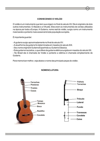 CONHECENDO O VIOLÃO
O violão é um instrumento que tem sua origem no final do século XV. Ele é originário de dois
outros instrumentos: O Alaúde e a Vihuela. Eles eram os instrumentos de cordas utilizados
na época por toda a Europa. A Guitarra, nome real do violão, surgiu como um instrumento
mais barato e portanto mais acessível à toda população européia.
É importante guardar:
- A guitarra surgiu aproximadamente no final do século XV.
- A atual forma da guitarra foi determinada em meados do século XIX.
- Seu nome original é Guitarra Espanhola ou Guitarra Clássica.
- Esta guitarra é acústica, o que difere da guitarra elétrica surgida em meados do século XX.
- No Brasil ela é chamada de Violão e portanto a elétrica é chamada simplesmente de
Guitarra.
Para memorizar melhor, veja abaixo o nome das principais peças do violão:
NOMENCLATURA
Tarrachas
Pestanas
Trastes
Casas
Tampo
Mosaico
Boca
Rastilho
Cavalete
Tarrachas
Palheta
Braço
Tróculo
Lateral
Fundo
Travessas
Cavalete
Caixa
0101
 