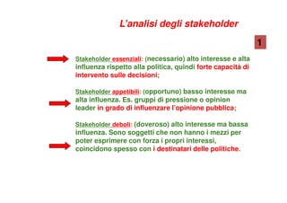 Stakeholder essenziali: (necessario) alto interesse e alta
influenza rispetto alla politica, quindi forte capacità di
intervento sulle decisioni;
Stakeholder appetibili: (opportuno) basso interesse ma
alta influenza. Es. gruppi di pressione o opinion
leader in grado di influenzare l’opinione pubblica;
Stakeholder deboli: (doveroso) alto interesse ma bassa
influenza. Sono soggetti che non hanno i mezzi per
poter esprimere con forza i propri interessi,
coincidono spesso con i destinatari delle politiche.
1
L’analisi degli stakeholder
 