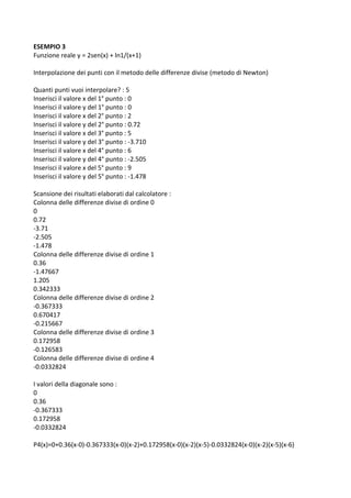 ESEMPIO 3 
Funzione reale y = 2sen(x) + ln1/(x+1) 
 
Interpolazione dei punti con il metodo delle differenze divise (metodo di Newton) 
 
Quanti punti vuoi interpolare? : 5 
Inserisci il valore x del 1° punto : 0 
Inserisci il valore y del 1° punto : 0 
Inserisci il valore x del 2° punto : 2 
Inserisci il valore y del 2° punto : 0.72 
Inserisci il valore x del 3° punto : 5 
Inserisci il valore y del 3° punto : ‐3.710 
Inserisci il valore x del 4° punto : 6 
Inserisci il valore y del 4° punto : ‐2.505 
Inserisci il valore x del 5° punto : 9 
Inserisci il valore y del 5° punto : ‐1.478 
 
Scansione dei risultati elaborati dal calcolatore : 
Colonna delle differenze divise di ordine 0 
0 
0.72 
‐3.71 
‐2.505 
‐1.478 
Colonna delle differenze divise di ordine 1 
0.36 
‐1.47667 
1.205 
0.342333 
Colonna delle differenze divise di ordine 2 
‐0.367333 
0.670417 
‐0.215667 
Colonna delle differenze divise di ordine 3 
0.172958 
‐0.126583 
Colonna delle differenze divise di ordine 4 
‐0.0332824 
 
I valori della diagonale sono : 
0 
0.36 
‐0.367333 
0.172958 
‐0.0332824 
 
P4(x)=0+0.36(x‐0)‐0.367333(x‐0)(x‐2)+0.172958(x‐0)(x‐2)(x‐5)‐0.0332824(x‐0)(x‐2)(x‐5)(x‐6) 
 