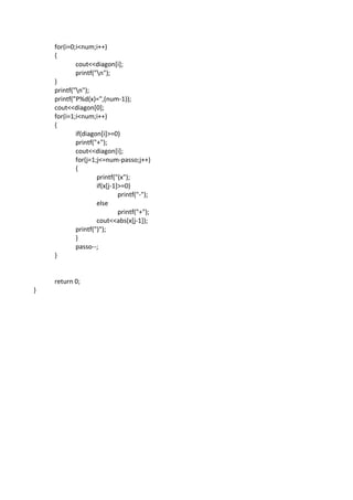              for(i=0;i<num;i++) 
             { 
                     cout<<diagon[i]; 
                     printf("n"); 
             } 
             printf("n"); 
             printf("P%d(x)=",(num‐1)); 
             cout<<diagon[0]; 
             for(i=1;i<num;i++) 
             { 
                     if(diagon[i]>=0) 
                     printf("+"); 
                     cout<<diagon[i]; 
                     for(j=1;j<=num‐passo;j++) 
                     { 
                             printf("(x"); 
                             if(x[j‐1]>=0) 
                                      printf("‐"); 
                             else 
                                      printf("+"); 
                             cout<<abs(x[j‐1]); 
                     printf(")"); 
                     } 
                     passo‐‐; 
             } 
 
 
             return 0; 
} 
 
 
 
 
 
 
 
 
 
 
 
 
 
 
 
 
 
 
 
 